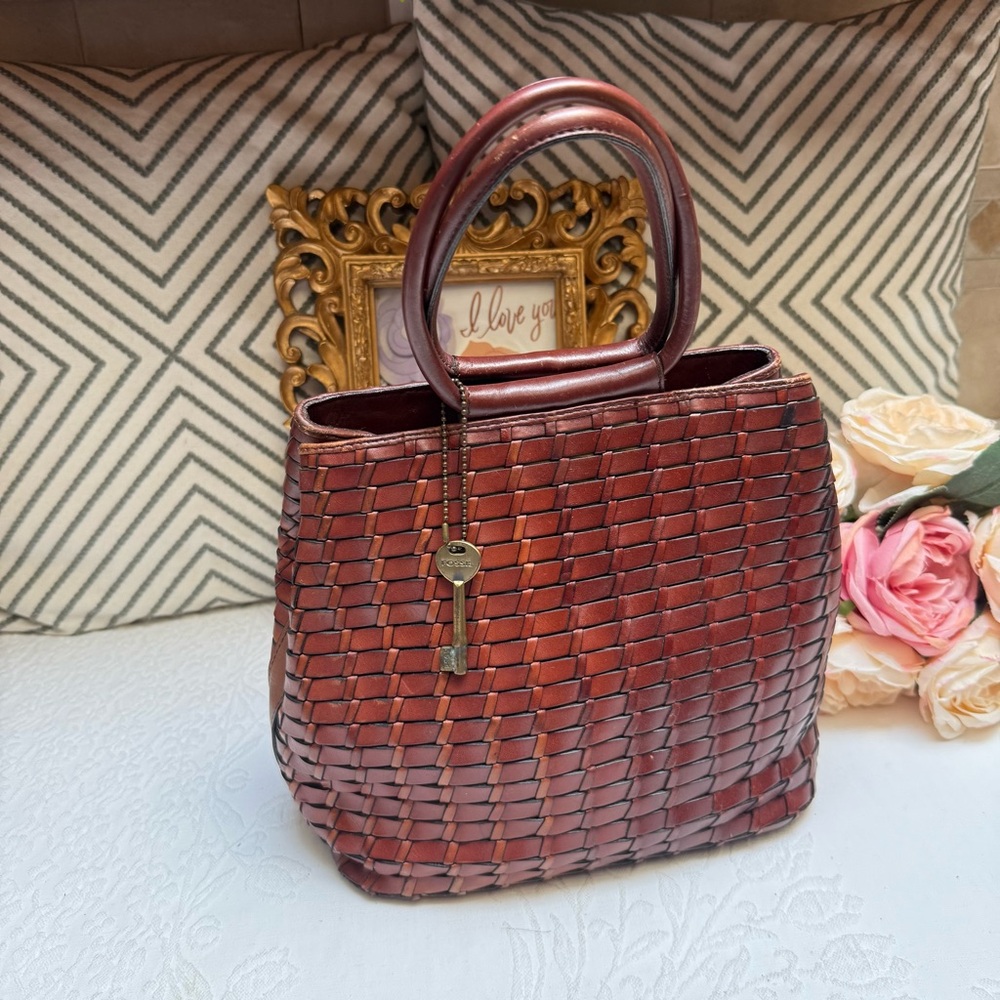 Fossil Woven Leather Bag in Rich Brown